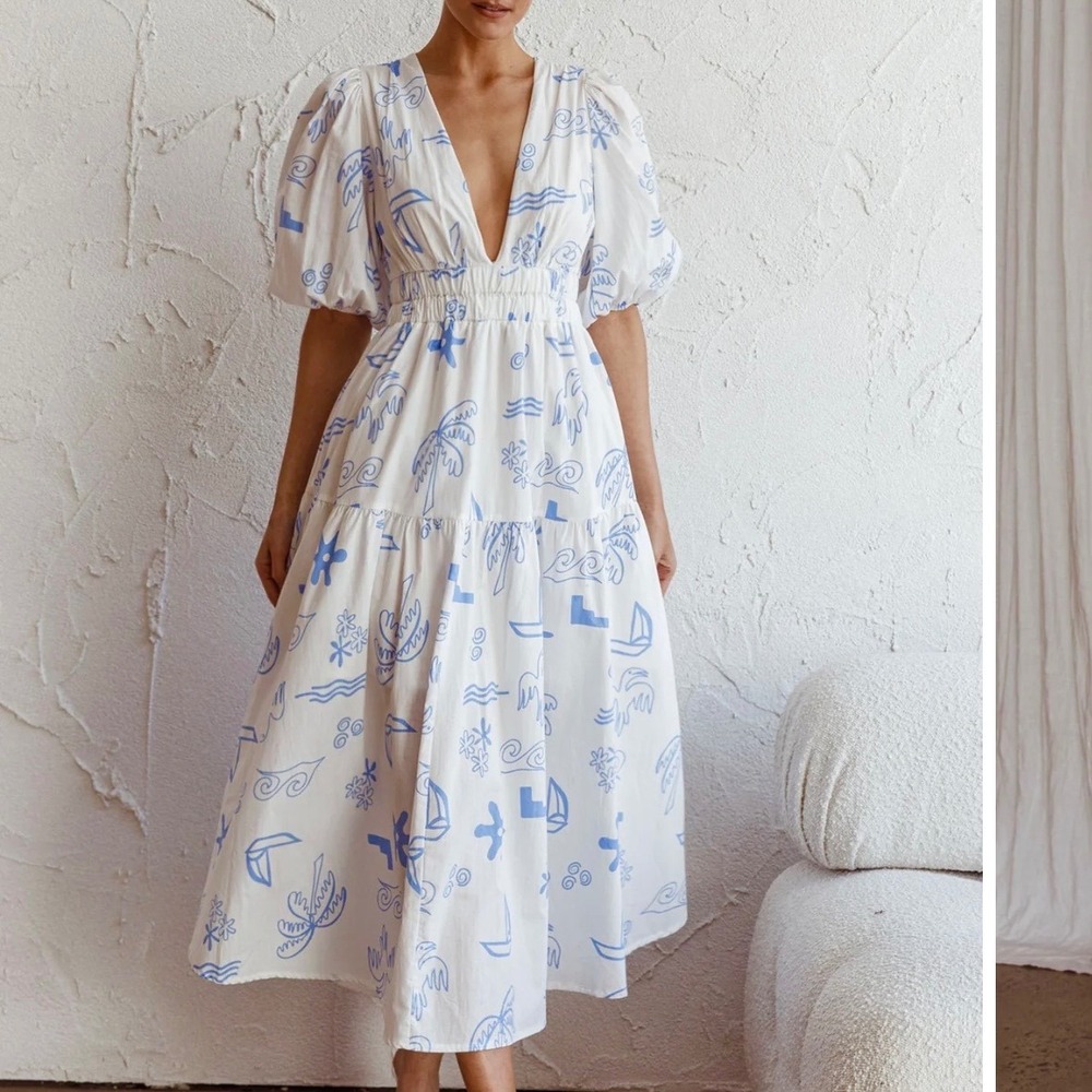 Here Comes The Sun M Summer Land Maxi Dress Blue Tropical Nautical Tiered Dress